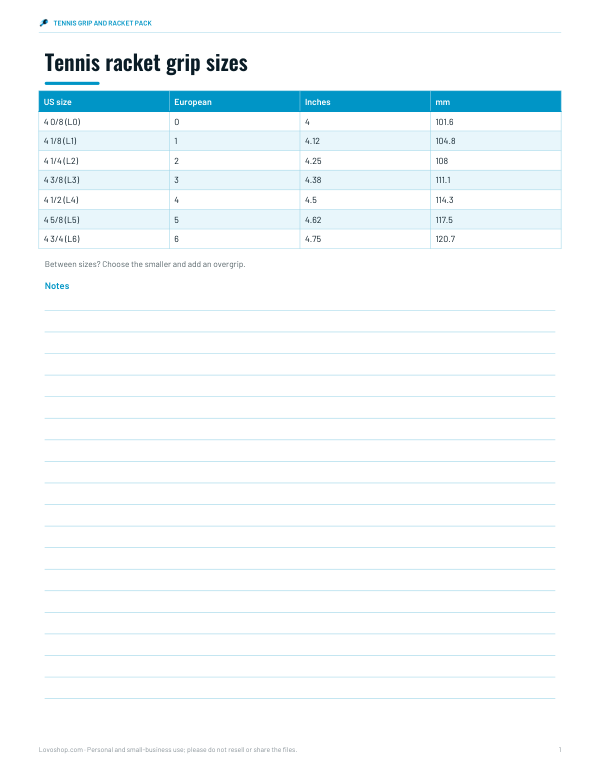 Preview of Printable Tennis Grip Size Chart
