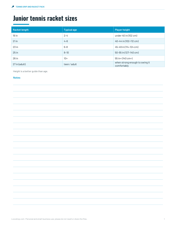 Preview of Printable Junior Tennis Racket Size Chart
