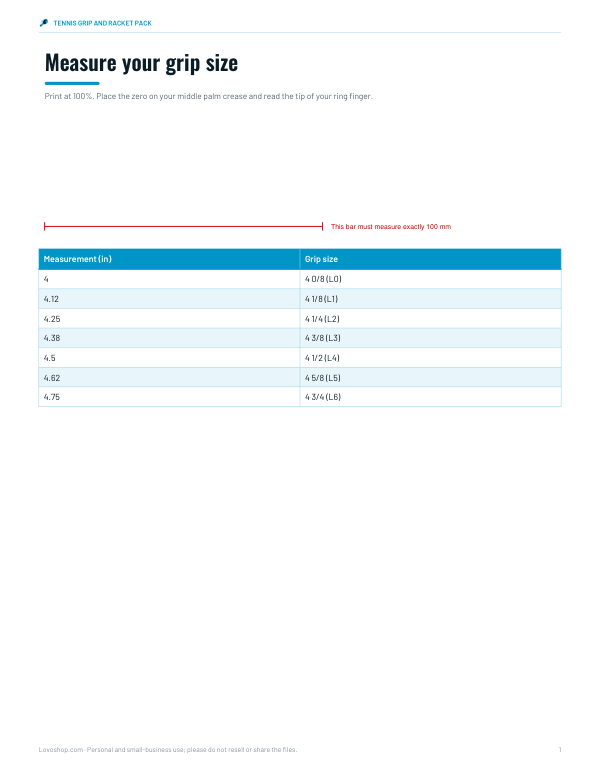 Preview of Printable Tennis Racket Grip Size Chart